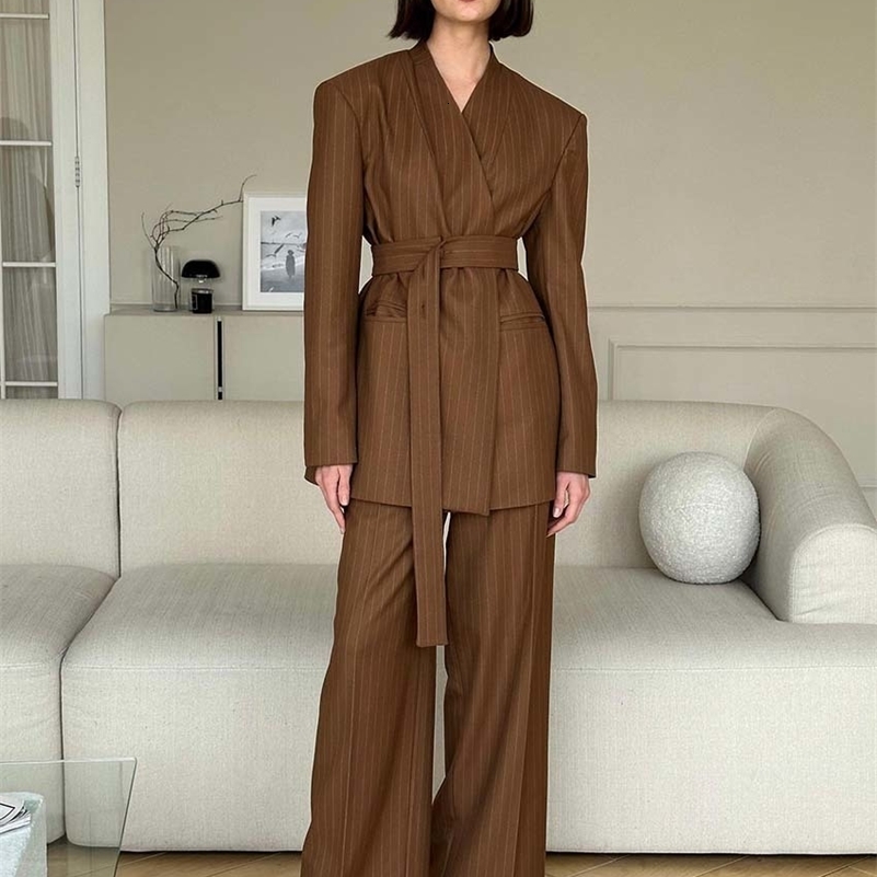Oymimi Fashion Brown Imprimez en deux pièces pour femmes Elegant Vneck à manches longues de lacep à manches longues et ensembles de pantalons en