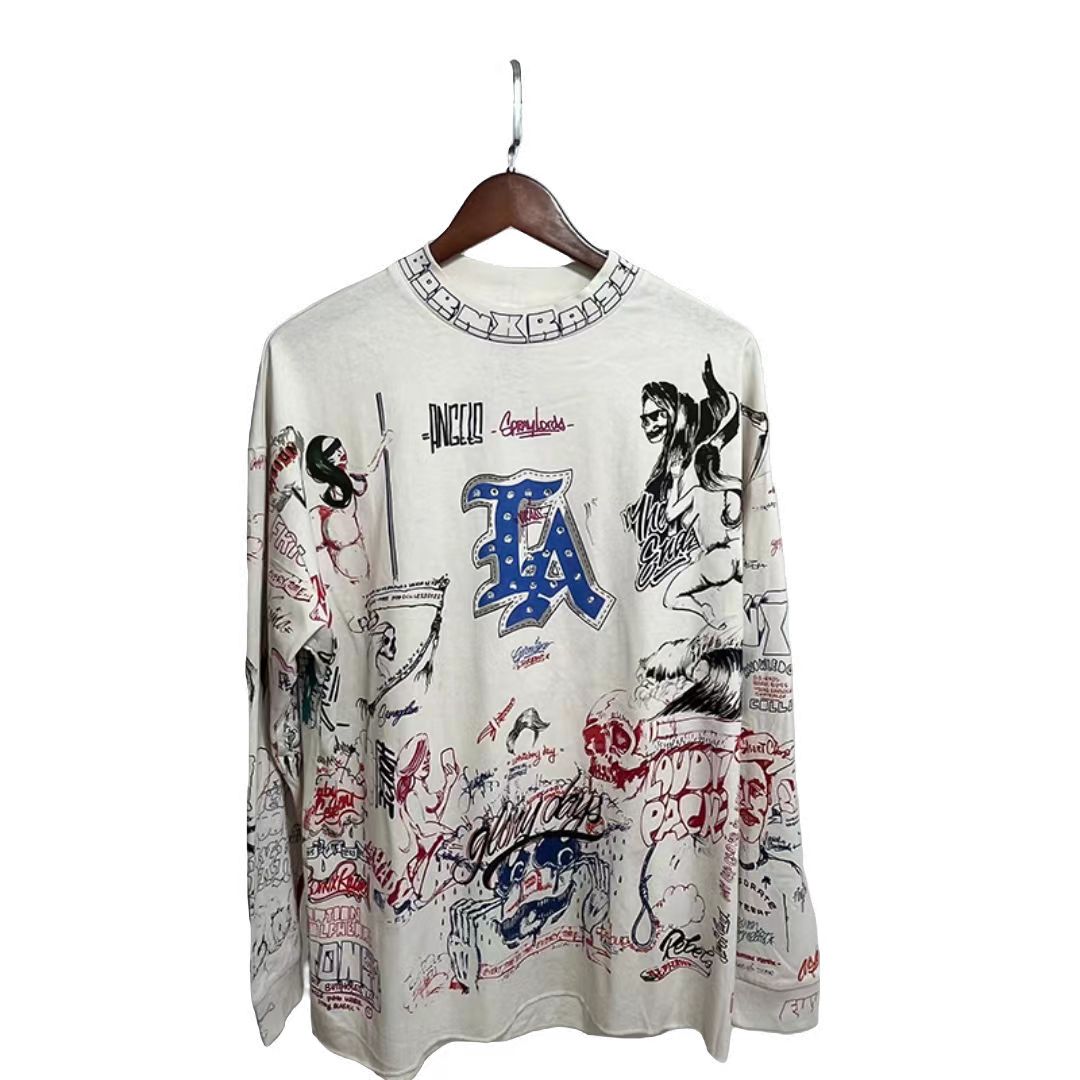 Retro oil painting printed high street long-sleeved T-shirt St. Michael's bottoming shirt designer T-shirt couple loose casual round neck short