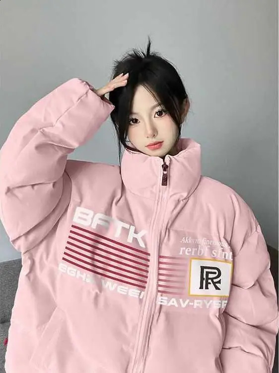 Womens retro warm pink Parka jacket long sleeved paddle jacket Korean Coats Jackets 2000 winter womens jacket 241007