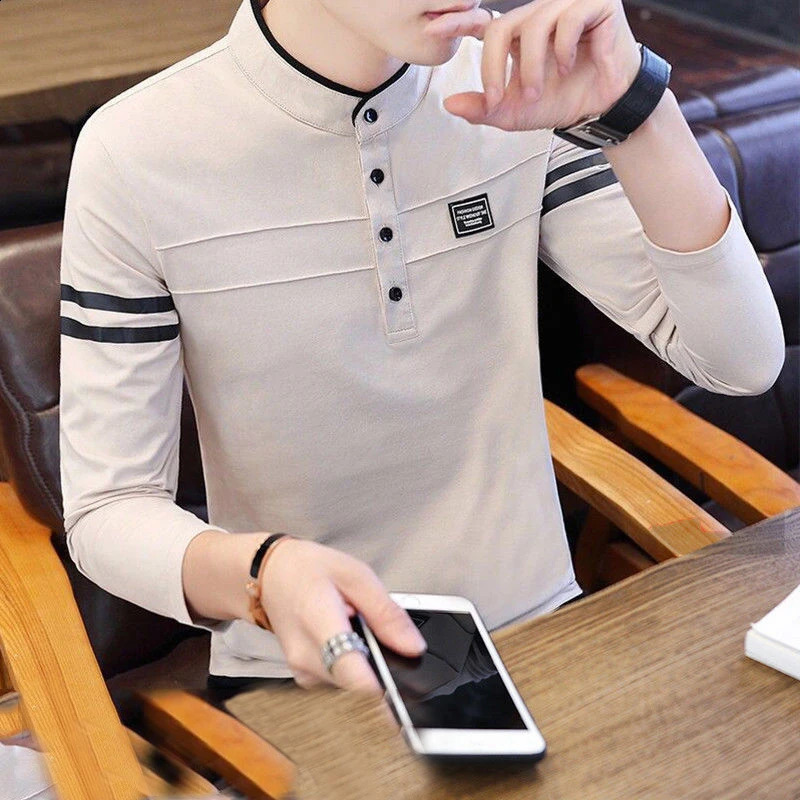 Mens Spring and Autumn Korean Fashion Printed Button Basic Polo T-shirt Mens Casual Stand Collar Long Sleeve Ultra Thin Cotton Top 241008