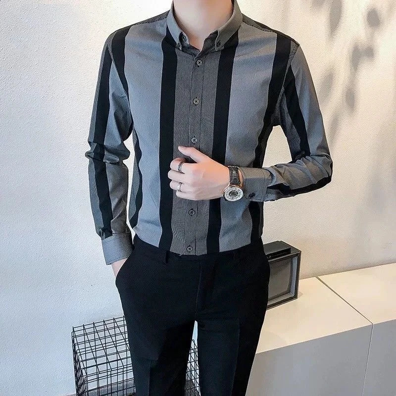 Mens long sleeved striped contrast shirt Spring and Autumn style polo neck ultra-thin trend shirt top intelligent casual fashion mens clothing 24