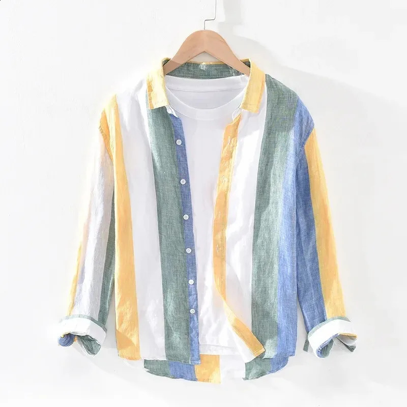 Mens striped linen shirt spring and autumn long sleeved loose comfortable breathable pure linen shirt 241008