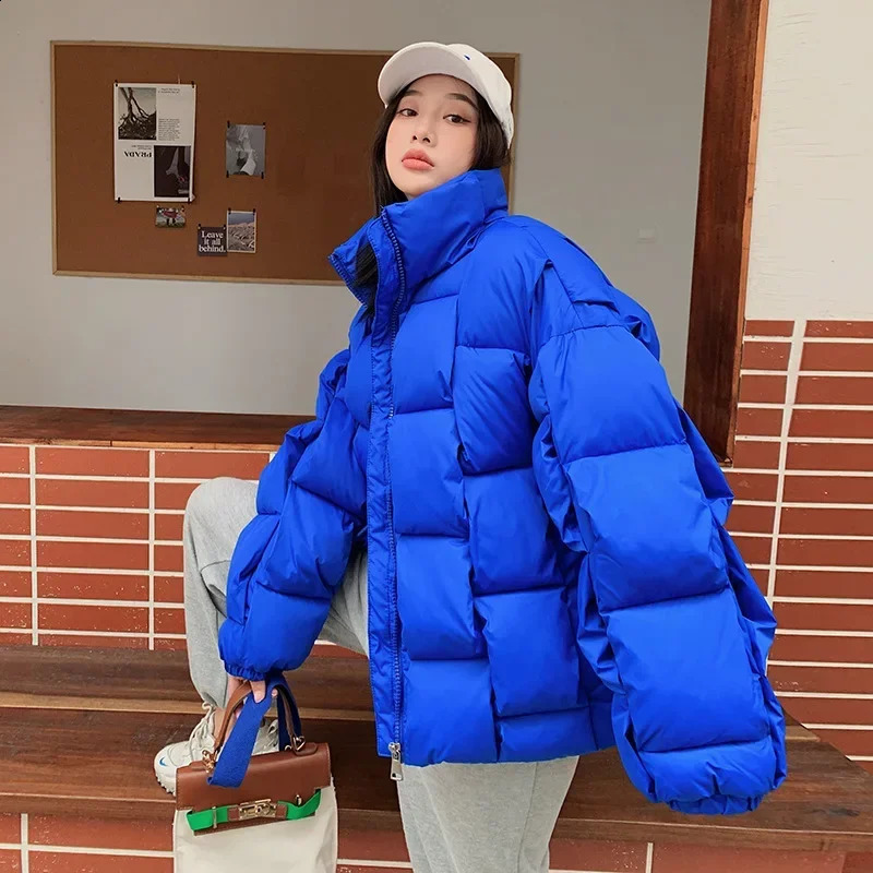 Veste gonflable épaisse et chaude de couleur bonbon pour femme, Parka à col montant, carrée tissée en 3D, veste rembourrée en coton coréen 241007