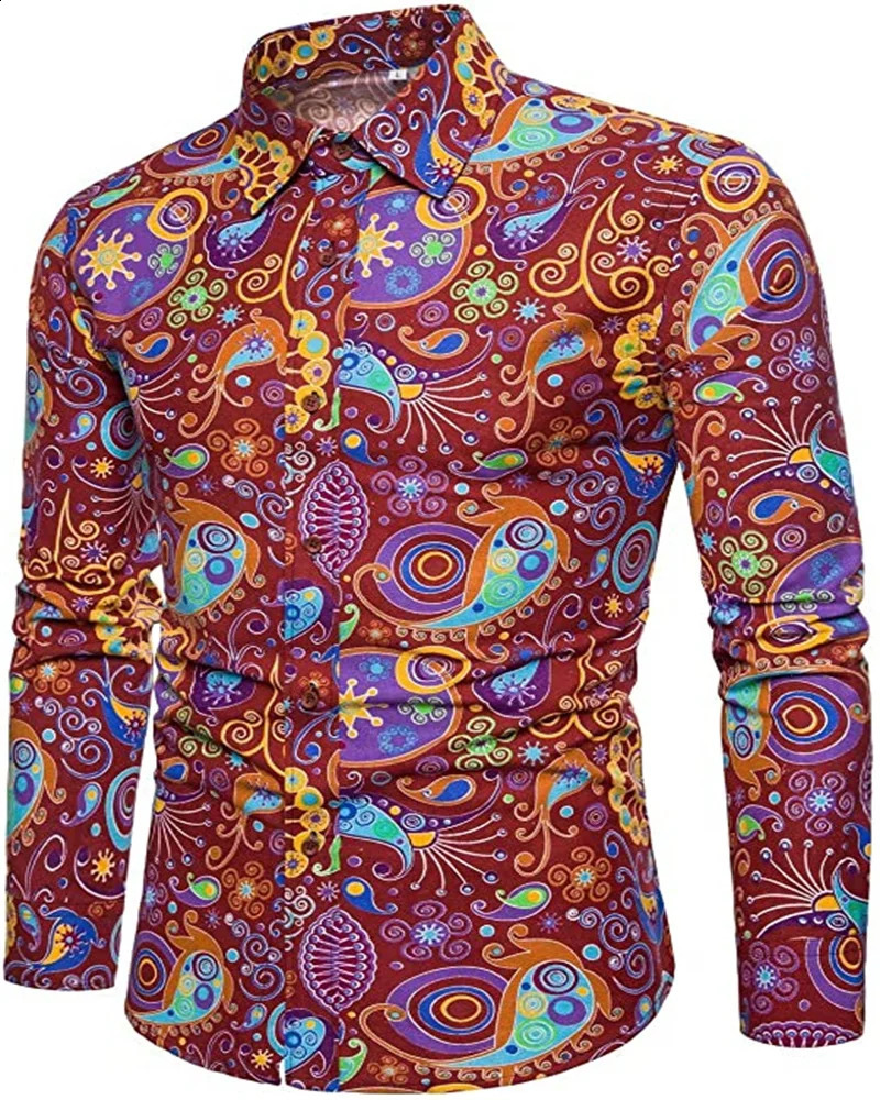 Chemise disco à la mode 70s Contrôle décontracté FLORAL RETRO LONG SHIRTT BUTHIGE UP CARDIGAN CARDIGAN MENSE SURDIMÉDIE 241008