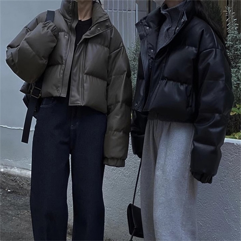 MEXZT Streetwear Short Parka Cropped Pu Leather Cotton Padded Coat Winter Thick Puffer Jacket Korean Warm Down Outwear y240924