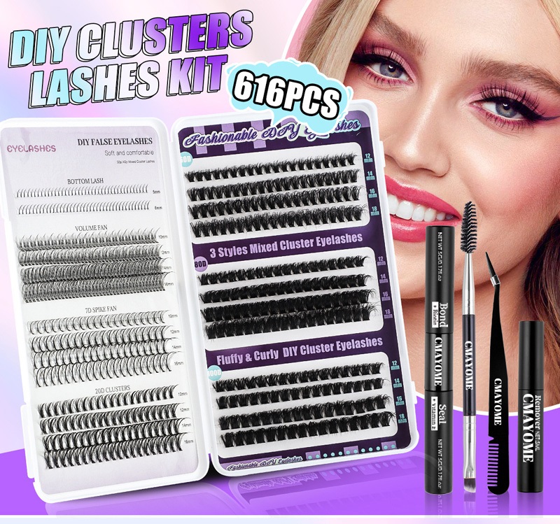 DIY False Eyelashes Set Fluffy and Curly Indivudla Eyelashes Handmade Reusable Cluster Lashes Kit 616Pcs Segmented Eyelash Extensions-image-1024201095