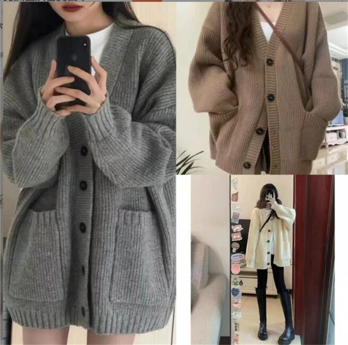 Womens long sleeved loose knit V-neck jacket womens fashionable single chest sweater cardigan autumn and winter casual cardigan 240930
