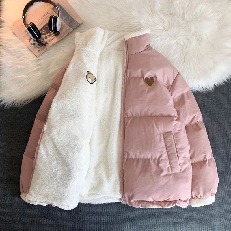 Cute embroidered Parkas jacket for womens winter Korean fashion thick loose warm jacket double-sided pink student clothing 241007