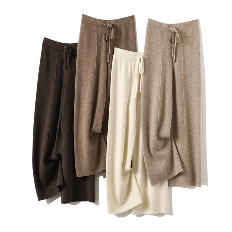 Autumn/Winter Wide Legged Womens 100% Merino Wool Knitted Pants Korean style Loose High Waist Pants 241007