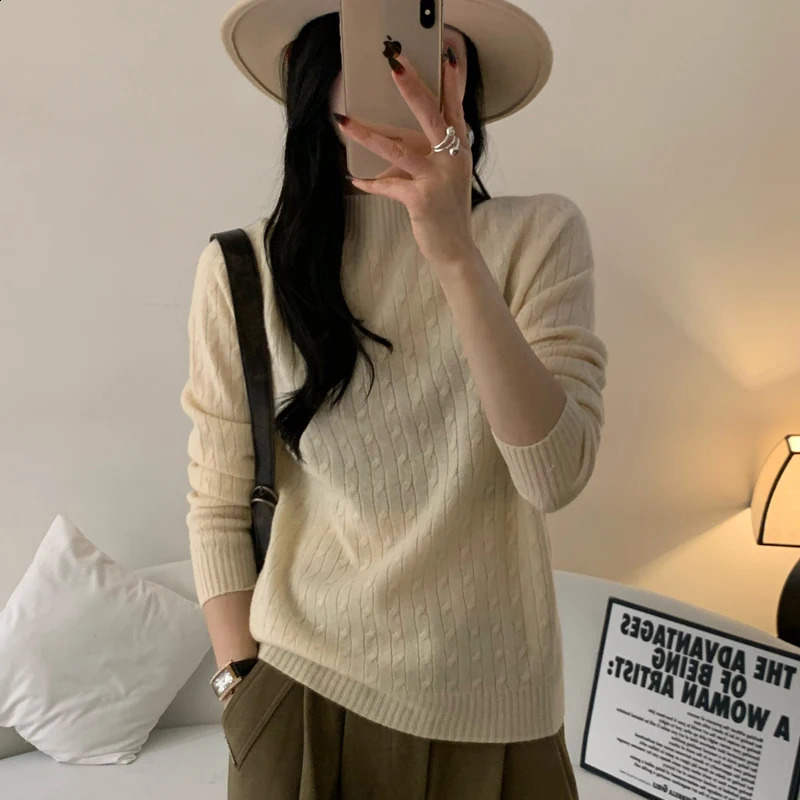 O-neck sweater 100% wool womens long sleeved knitted Korean style twist loose womens autumn semi high neck zipper 241007