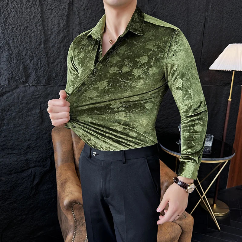 Floral printed velvet mens shirt spring long sleeved slim fit casual business dress street clothing social party mens clothing 241008