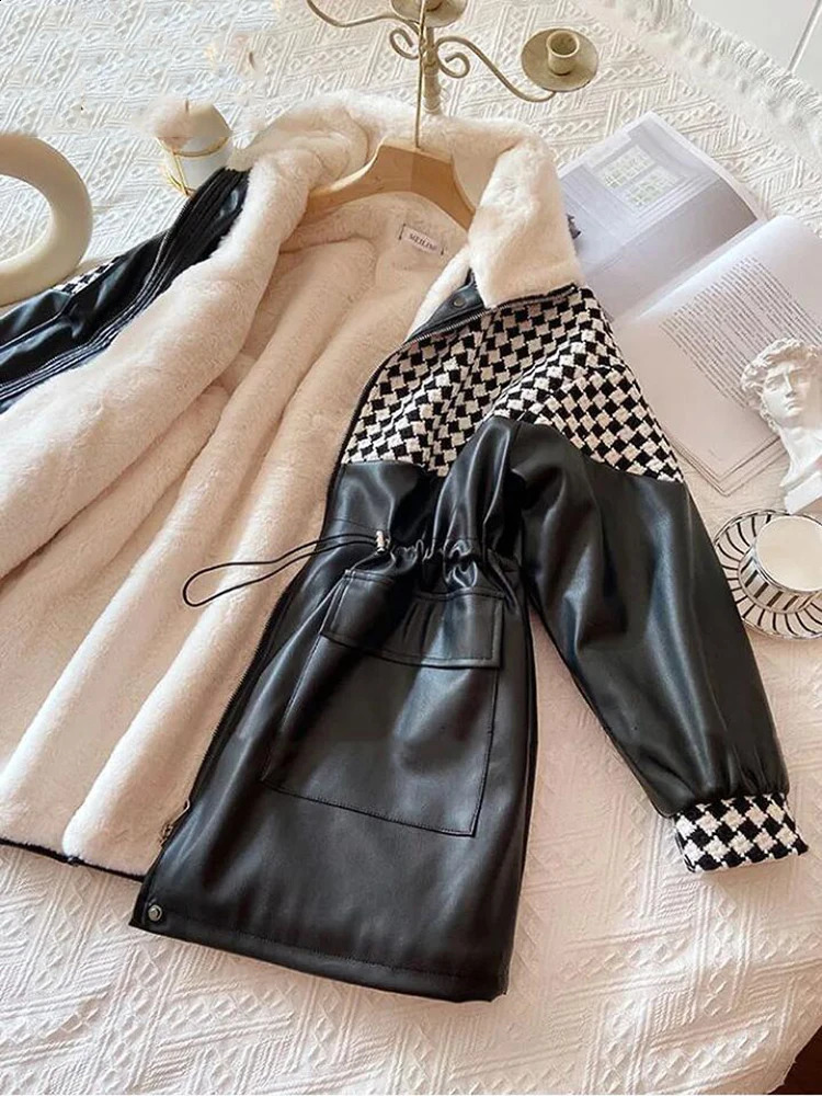 Veste en cuir Pu Sweins en peau d'hiver pour femmes Veste à carreaux de fourrure artificielle de cachet de velours moyen à long