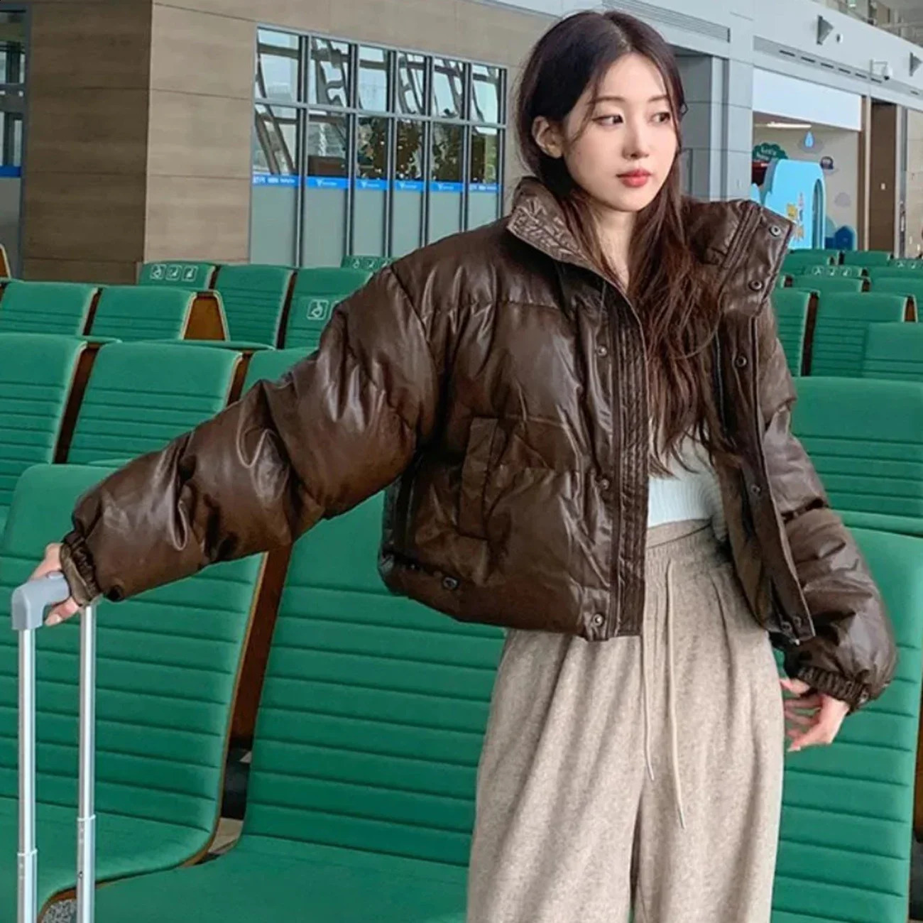 Fashionable Winter Artificial Leather Park Womens Stand up Collar Jacket Womens Elegant Elastic Cuff Short Pad Jacket Womens 241007
