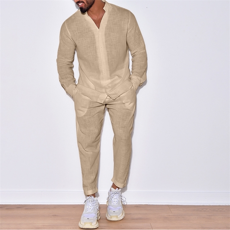 2023 Spring Fall Mens Suits Casual Cotton Linen Loose Solid Color Two Piece Set Leisure V Neck Shirt and Pants Outfits Men y240924