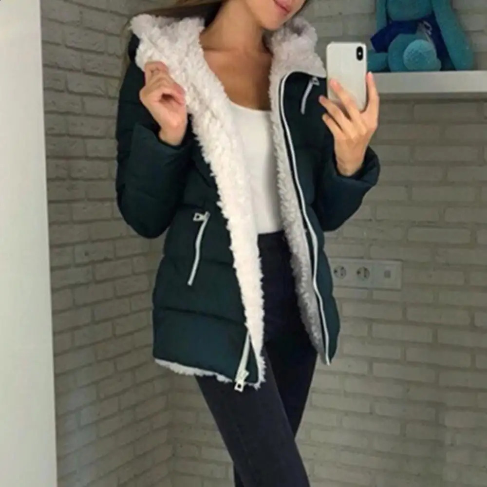 Womens autumn and winter solid color zipper hooded jacket thick cotton jacket womens windproof hood coat 241007