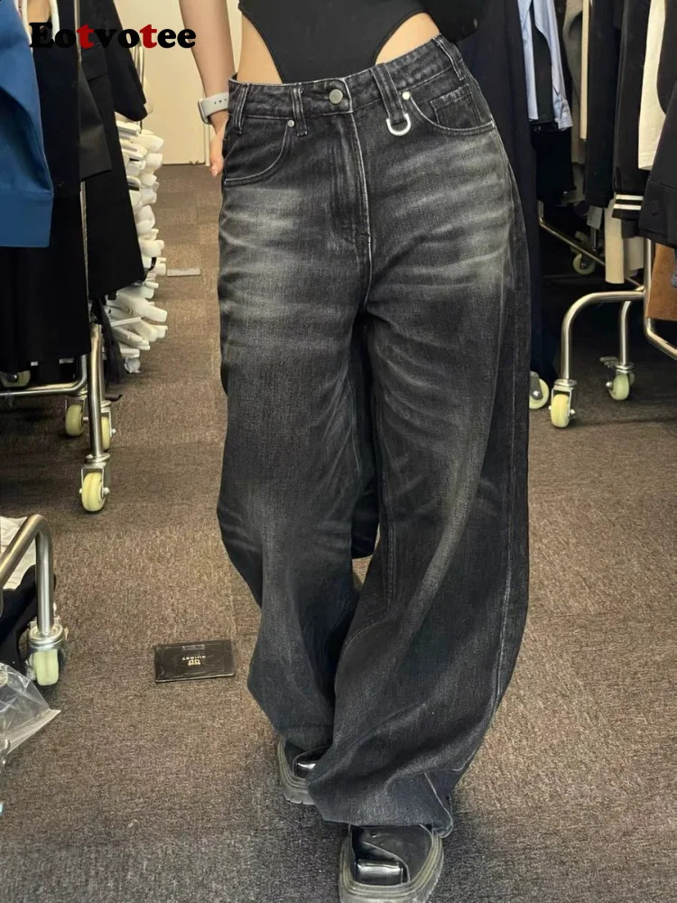 EOTVOTEE Vintage Black Jeans for Women High Waisted Streetwear Party Wide Leg Pants Y2k Korean Casual Straight Full Length 241007