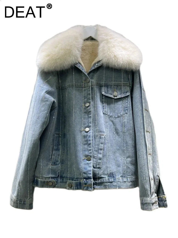 DEAT Womens Denim Coat Diamonds Striped Faux Fur Collar Thick Warm Single Breasted Jackets 2024 Winter Fashion 29L8639 241008