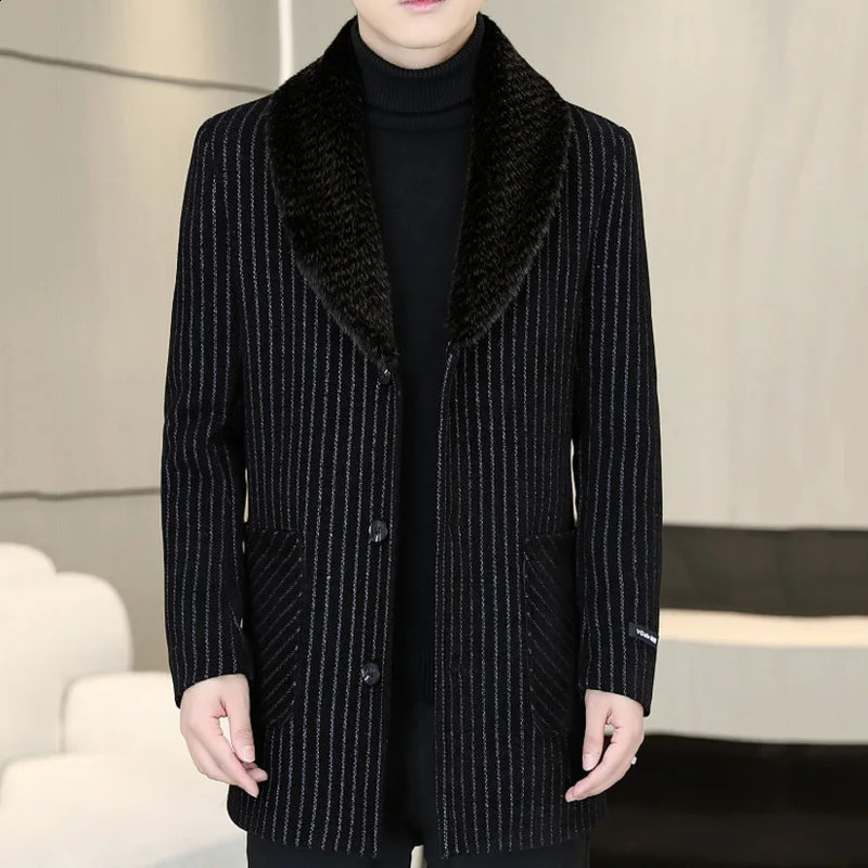 Autumn and winter mens jacket with striped printed wool fabric long and thick warm jacket mens wool windproof machine ultra-thin Abrigo Largo Hom