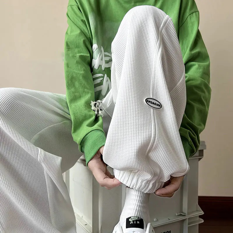 Waffle Plaid Pants for Mens Summer Loose Fit Oversized Wide Leg Pants Trendy and Versatile Casual Hoodie Sports Pants 241009
