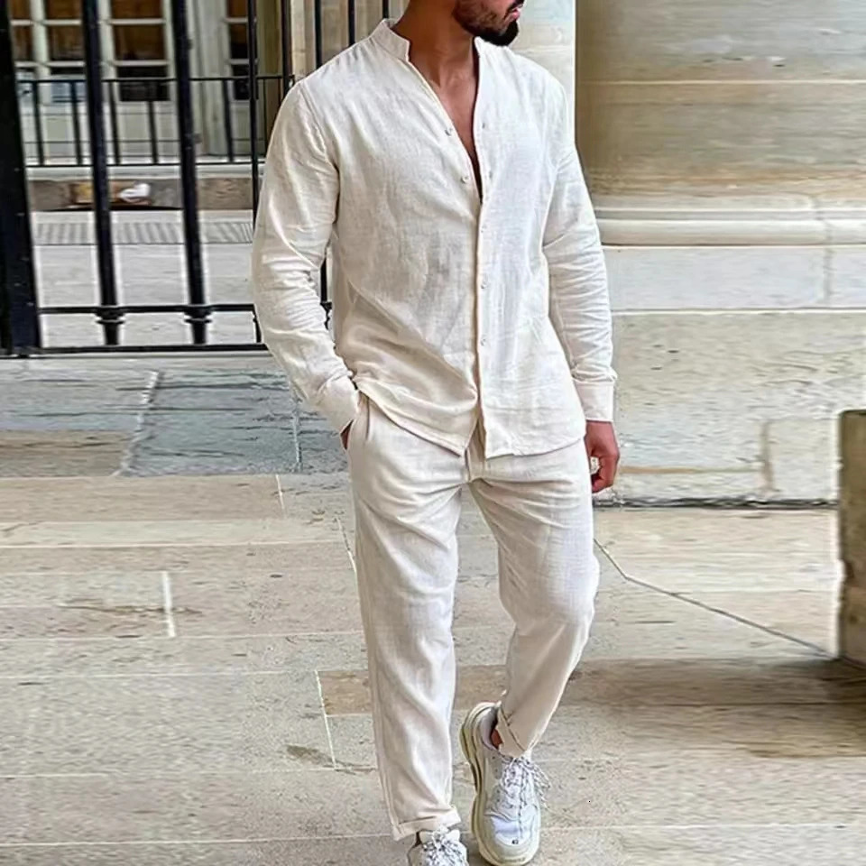 Spring Autumn Mens Suits Linen Leisure Solid Long Sleeve Shirts And Trousers Two Piece Sets Fashion Ouifits For Men Clothing 241009