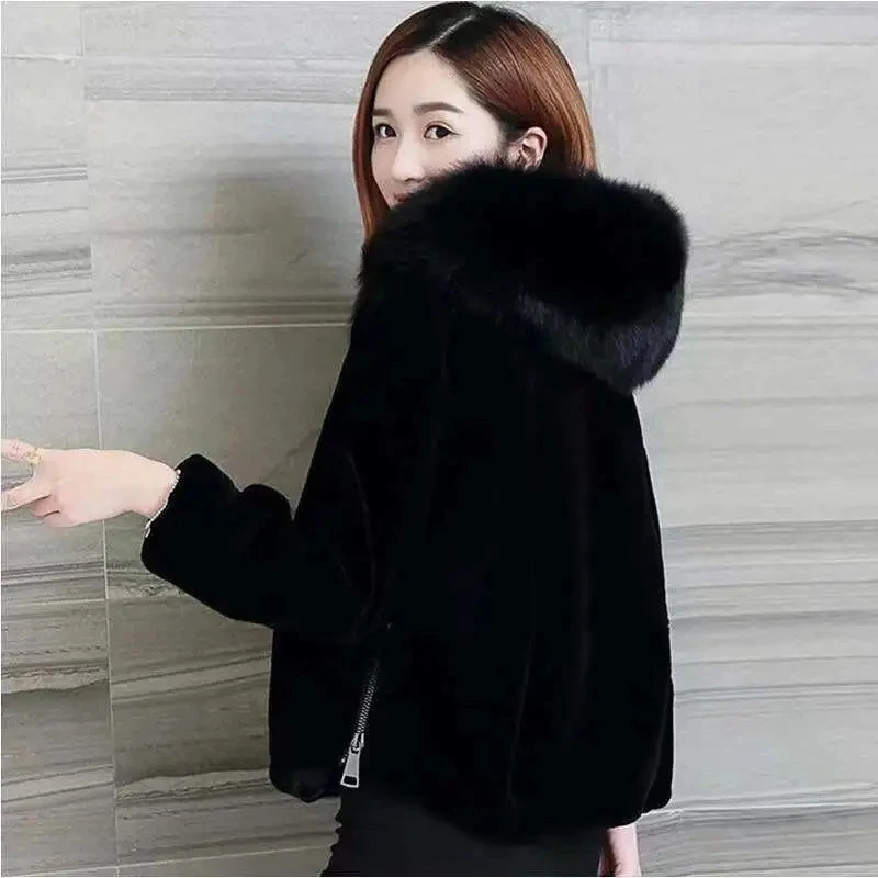 Womens sheep wool velvet hooded coat Korean loose fur leather jacket autumn thick warm artificial fox collar coat 241007
