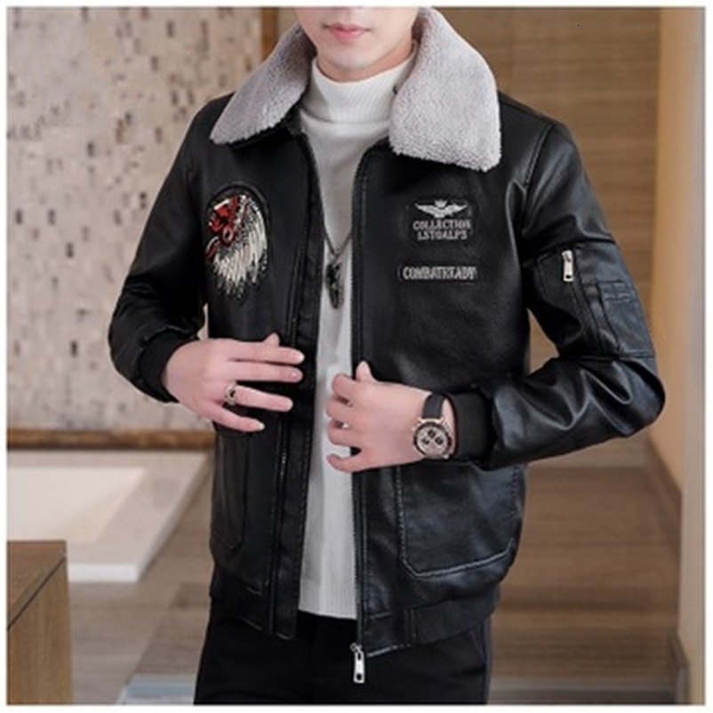 Leather Jacket Mens Fashion Leather Jacket Printed Ultra Thin Wool Collar Winter Motorcycle Style Jacket Collar Direct 241008