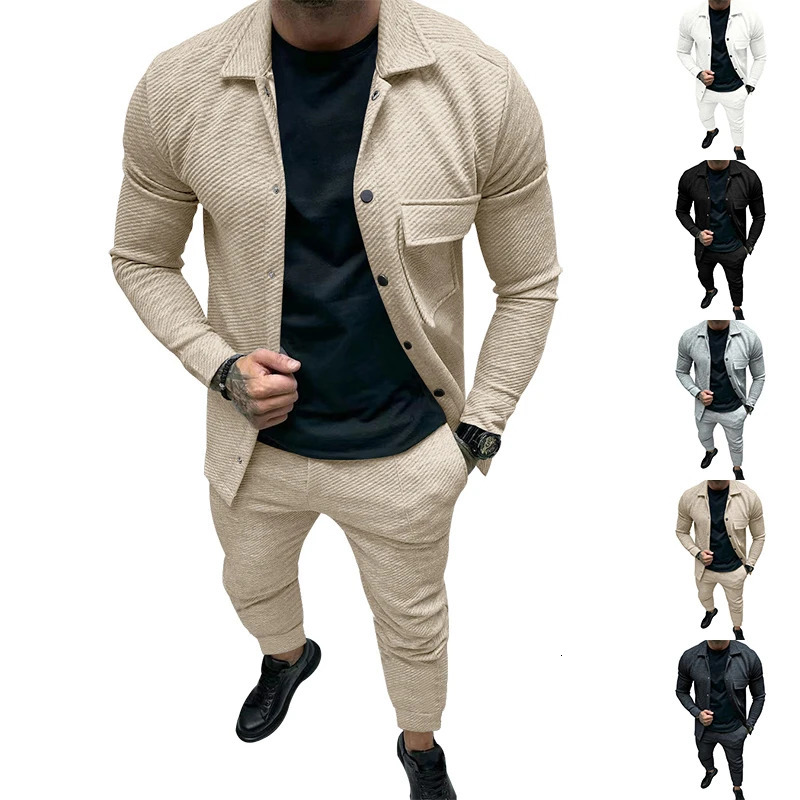 Autumn and winter heavyweight twill jacket set high-end simple casual pants two-piece set mens solid color jacquard 241009