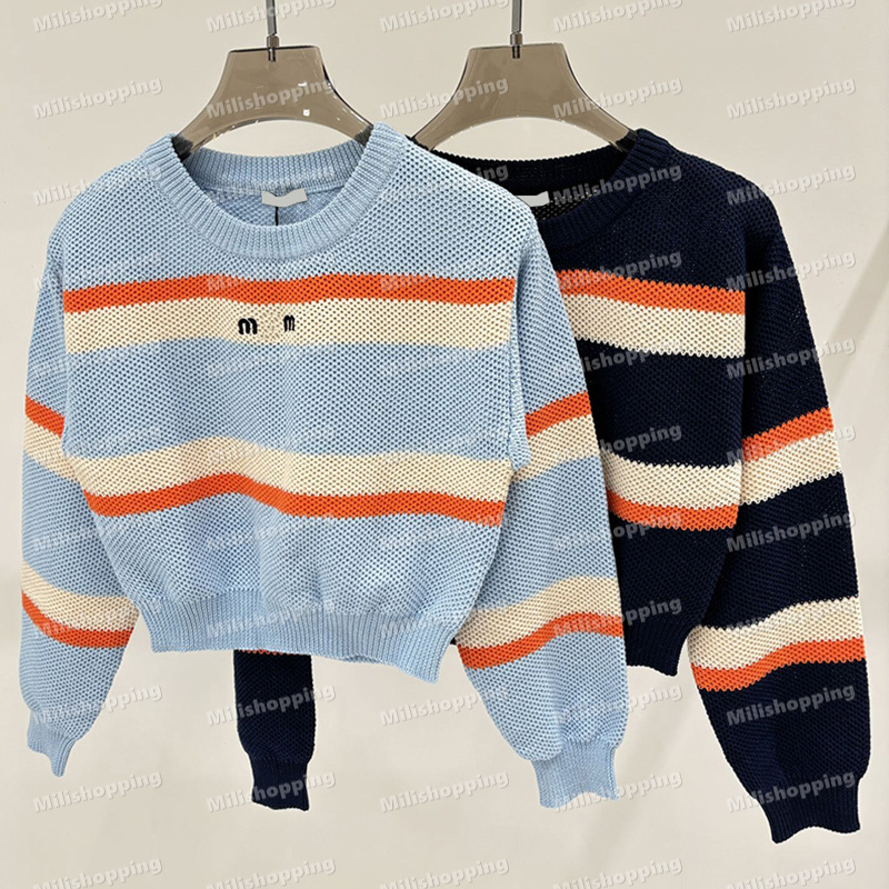 24SS Coul rond Broidered Pulls Automne Tricots d'hiver pour femmes Colorful Stripe Pull Design Clothing