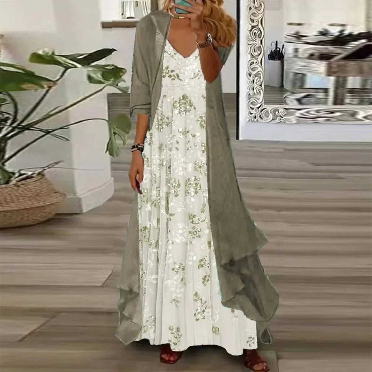 Women's Two Piece Pants 2024 Women's Two-piece Commuter Chic Goddess Slouchy Digital Print Strap Chiffon Coat T241009-image-865743600