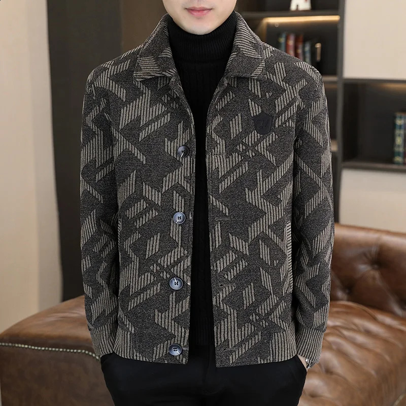 Korean Winter Printed Wool Jacket Mens High Quality Casual Business Trench Coat with Collar Warmth Office Social Coat Mens Clothing 241008