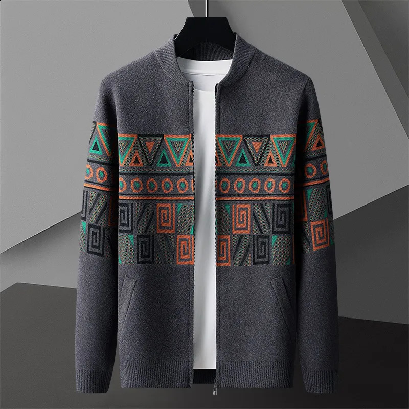 High end jacquard collar knitted jacket mens fashion ethnic print Korean zipper sweater cardigan autumn casual jacket 241008