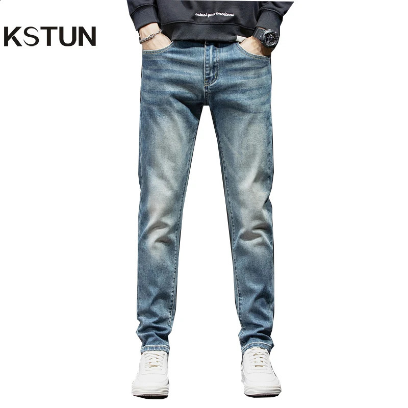 KSTUN mens jeans stretch slim denim pants light blue casual mens jeans Kpop autumn mens clothing 240930