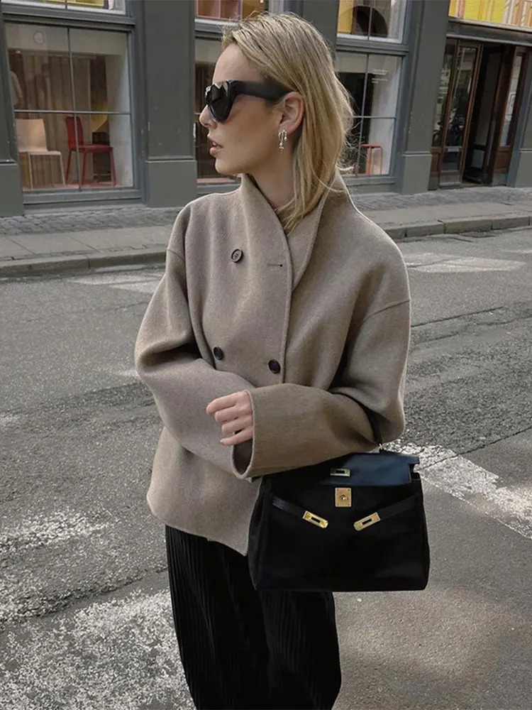 Womens Woolen Coats Loose Casual Retro Double Breasted Stand Collar Short Jacket Office Lady Outerwear Autumn Winter 2024 241007Z