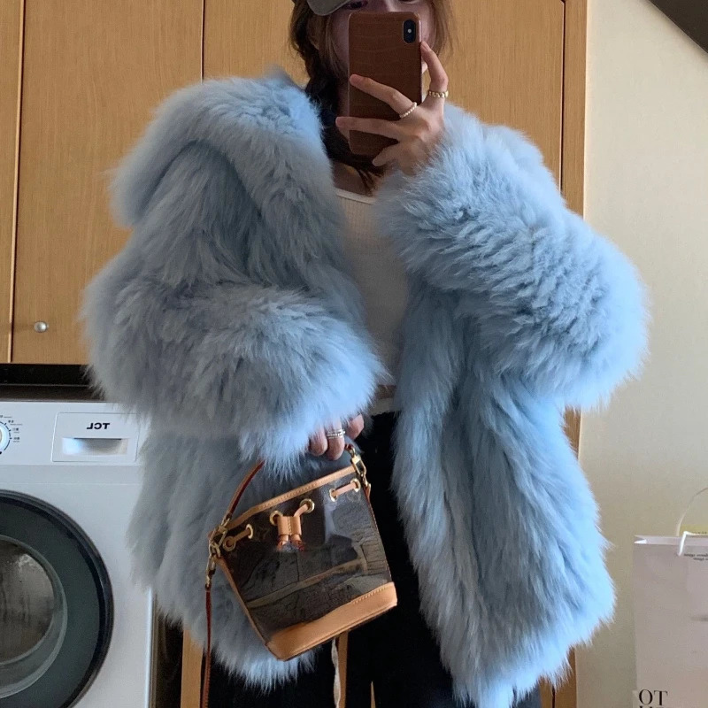 Winter short loose casual fur soft thick faux fur coat womens large collar and pocket fluffy jacket 241007
