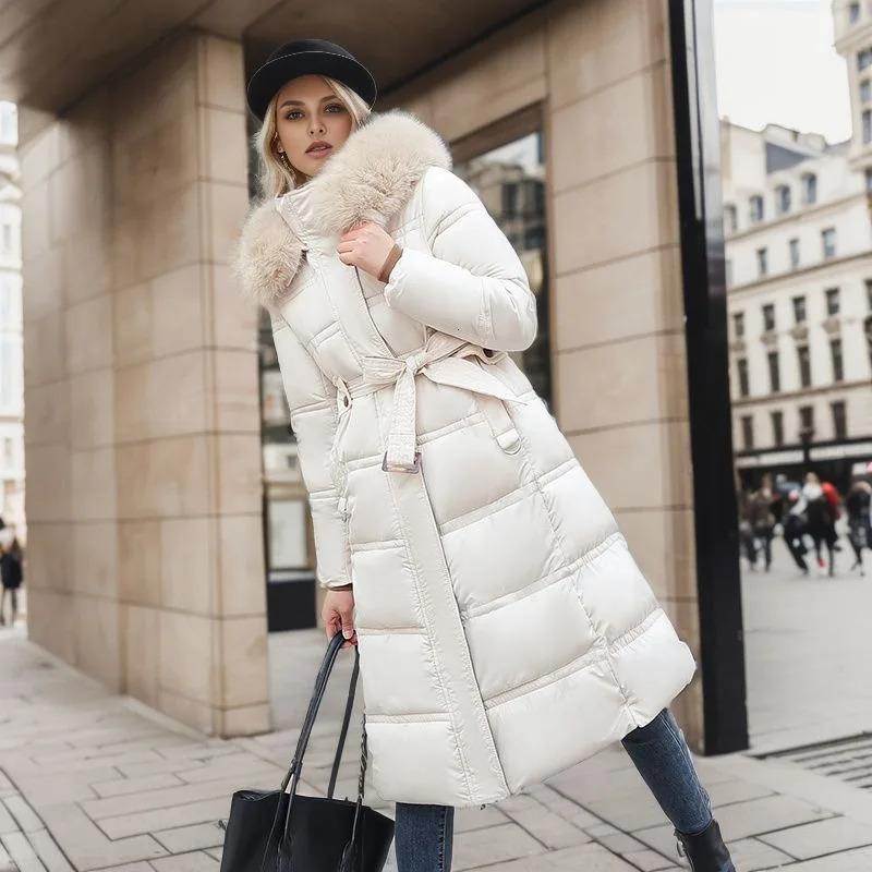 Winter Womens Long Cotton Jacket Womens Fur Collar Thickened Warm Park Coat Womens Knee Belt Jacket 241007