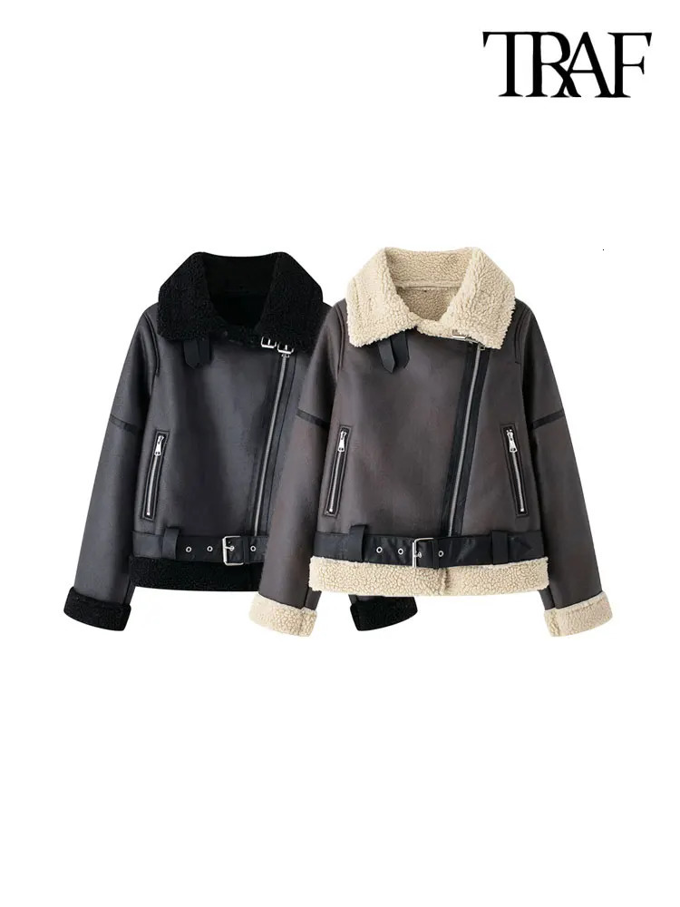 TRAF Womens Thick Warm Suede Jacket with Belt Long Sleeve Coat Artificial Cut Womens Wear Fashion Top Winter Fashion 241009