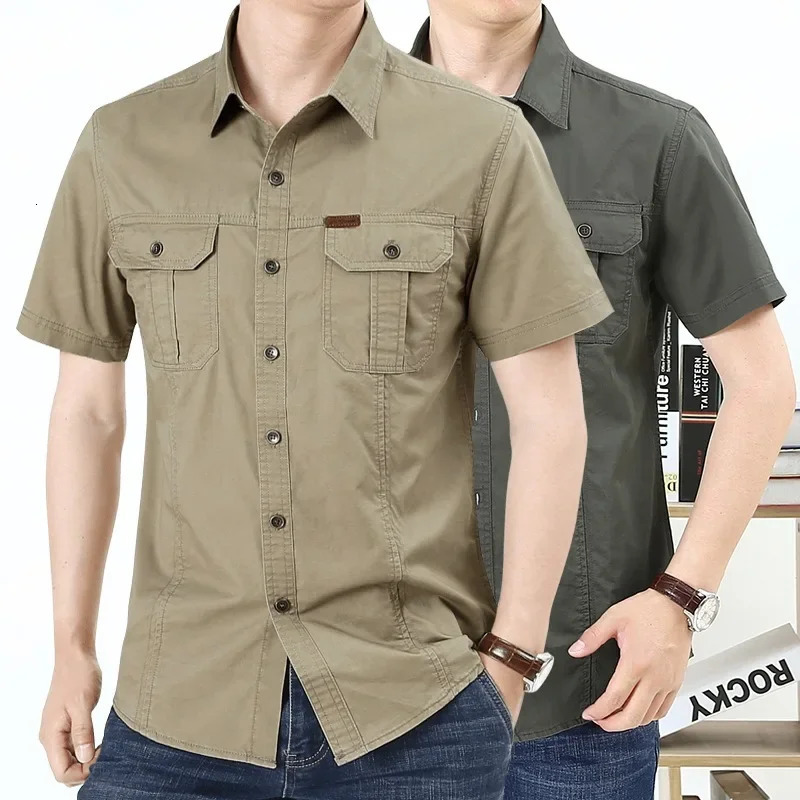 Summer quick drying short sleeved mens military fan tactical shirt mens solid thin collar cargo shirt top outdoor hiking military shirt 241009