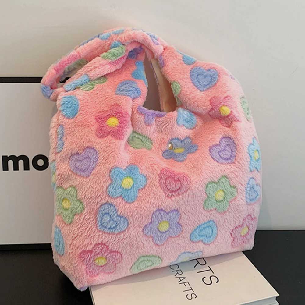 Women Versatile Shopping Bag Plush Shoulder Bag Flower Pattern Kawaii Fluffy Bag Large Capacity Tote Handbag Furry Hobo Bag Z250815