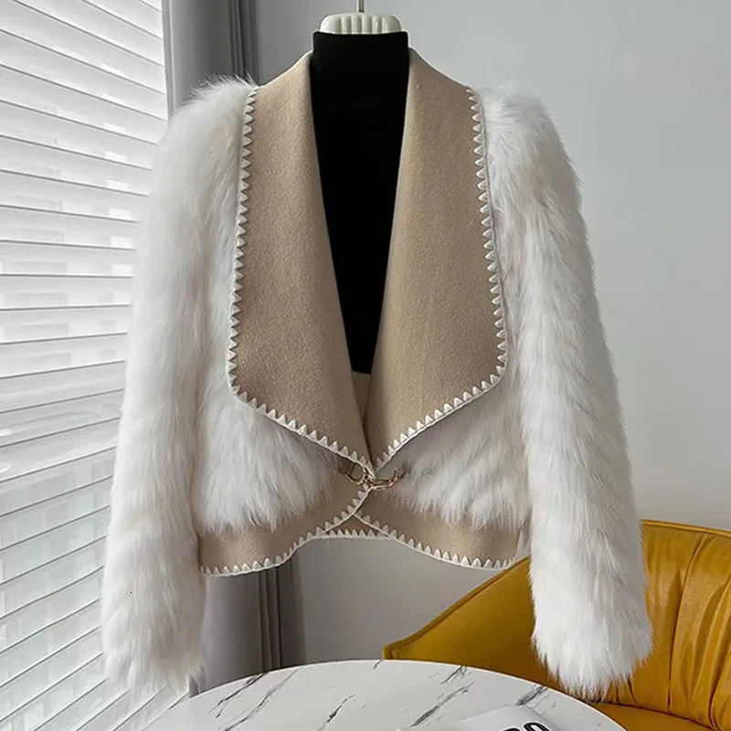 Artificial fox fur car striped fur coat womens winter collar high-end short double-sided wool fashionable open top wool thick top short 241007