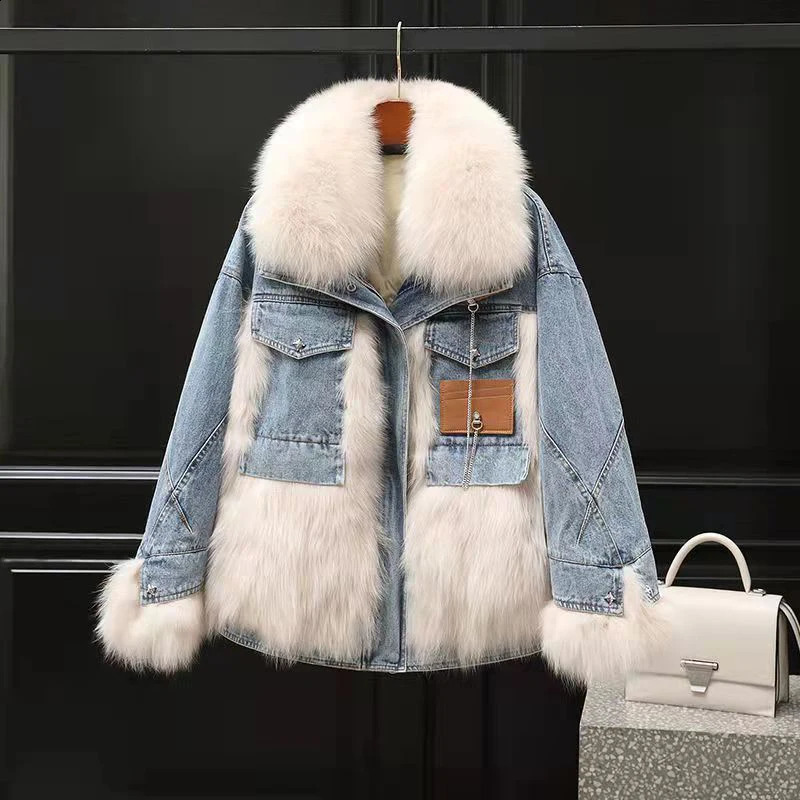KBAT 2023 Women Winter Fashion Thick Faux Fur Jackets Female Patchwork Denim Coats Ladies Long Sleeve Loose Warm Outwear 241008