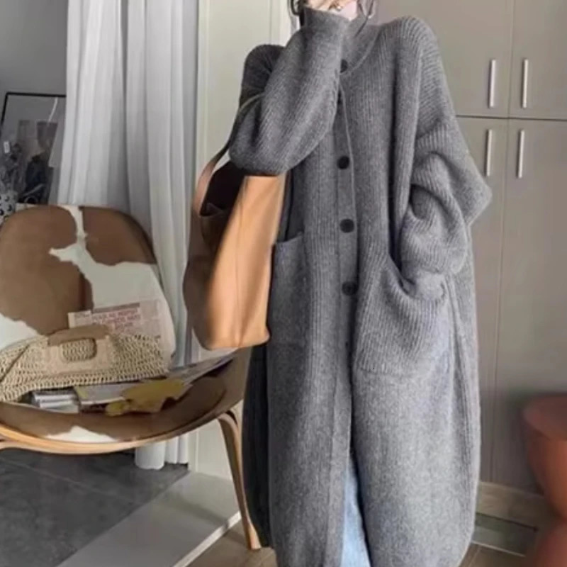 Womens long sleeved knitted cardigan solid casual single chest high neck double pocket knitted jacket winter long coat 240930