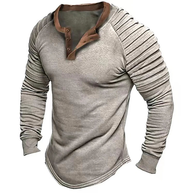 Spring Autumn Vintage Henry Collar Mens Tshirts Casual Button Pleated Long Sleeve Tee Men Leisure Solid Loose Pullover Tops 241009