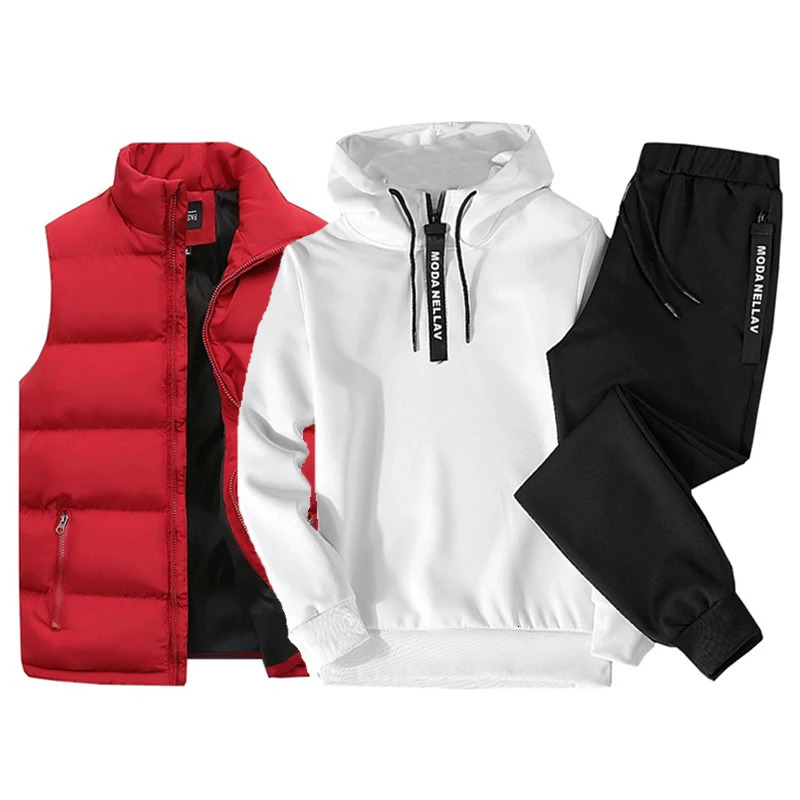 Mens sportswear half zip hooded sweatshirtwaterproof down vestsports pants 3-piece set winter warm casual wear 241009