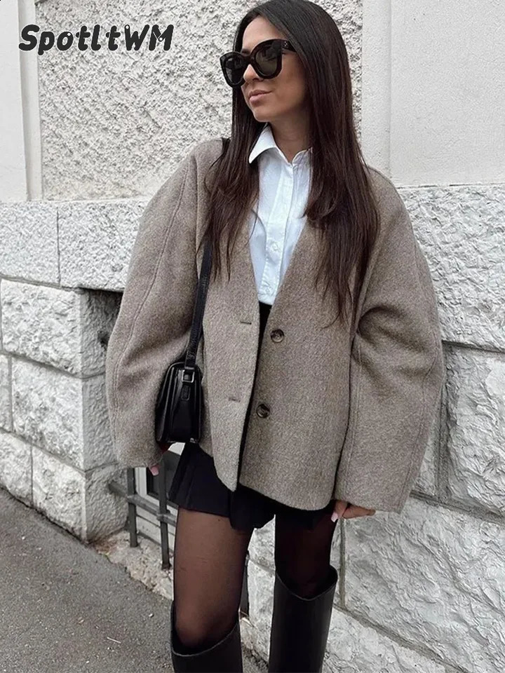 Women Vintage Blends Fit Blazer Coat Fashion Loose Double Breasted Long Sleeve Pockets Female Jackets Chic Lady Outwear 241007Z