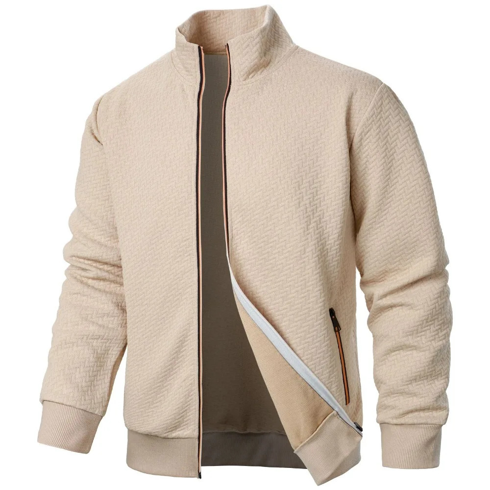 spring and autumn zipper stand up collar hooded jacket for mens casual jacquard cardigan mens contrasting color jacket 241009