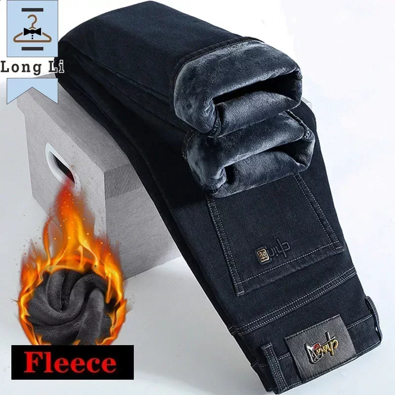 Winter mens wool warm jeans classic business style casual fit thick stretch denim pants mens Trouser 240930