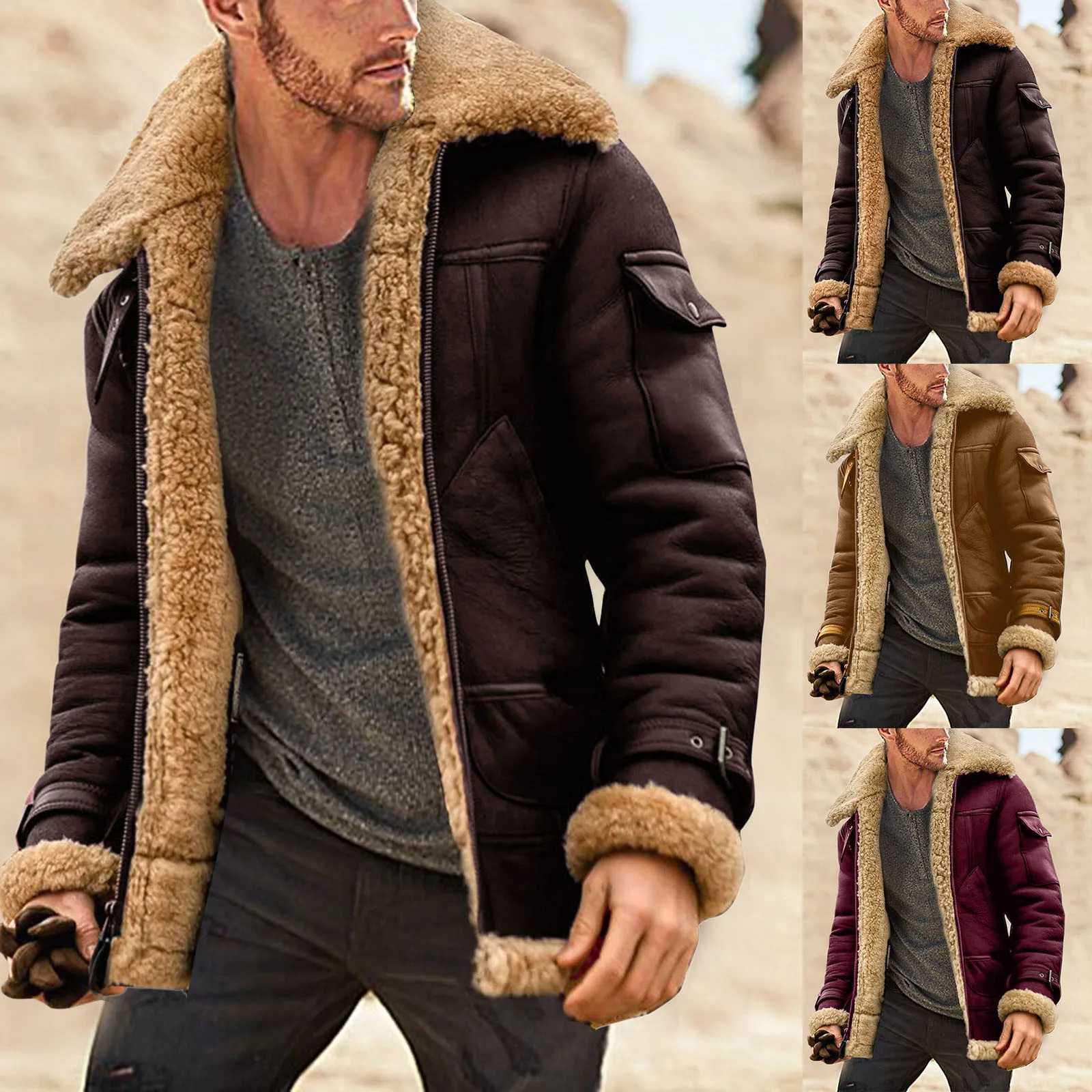 Men's Jackets Mens plus size winter collar long sleeved trimmed leather jacket thick coat sheepskin warm casual coat J241008