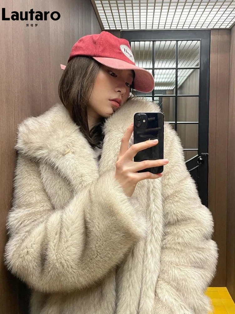 Lautaro Autumn Thick Hair Warm Artificial Fur Coat Womens Long Sleeve Collar Loose Casual Soft Fluffy Jacket 241007