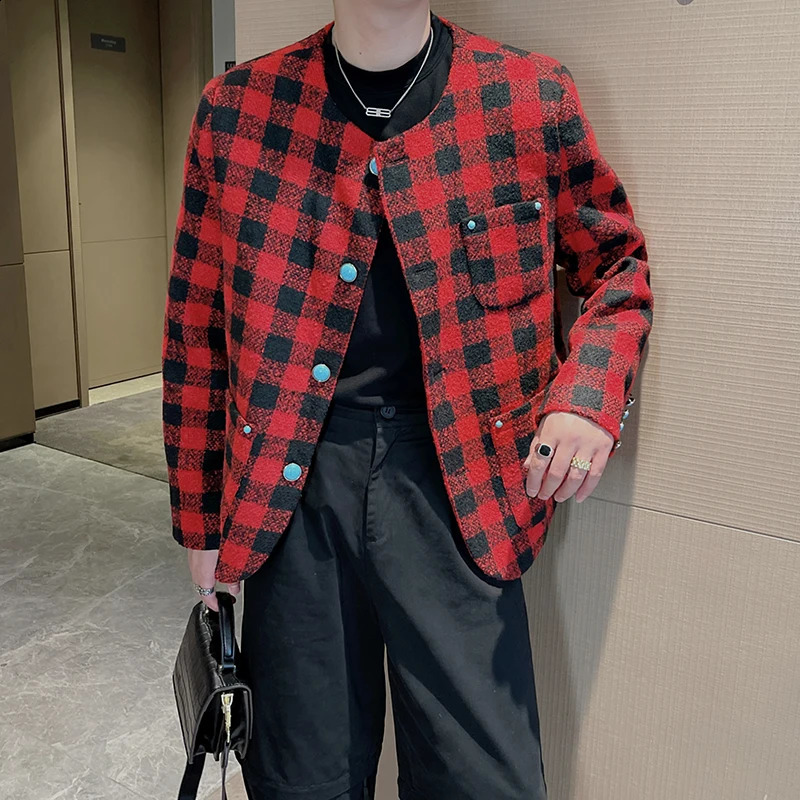 2024 French Retro Red Plaid Jacket Mens Korean Streetwear Fashion Show Loose Casual Short Spring Autumn Coat Outerwear 241008