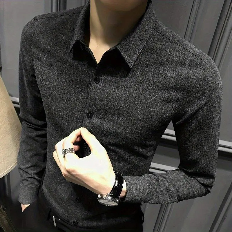 Mens long sleeved black business shirt mens plain Korean top slim fit Asian sleeve buttons elegant collar 241009